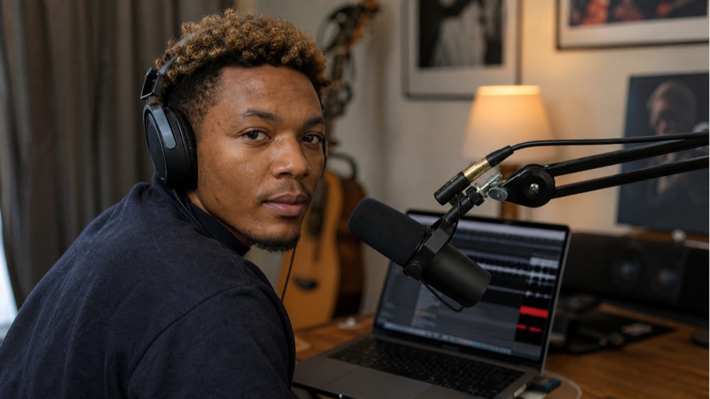 Podcaster wearing headphones at a microphone during the AI Music and Podcast Creation workshop