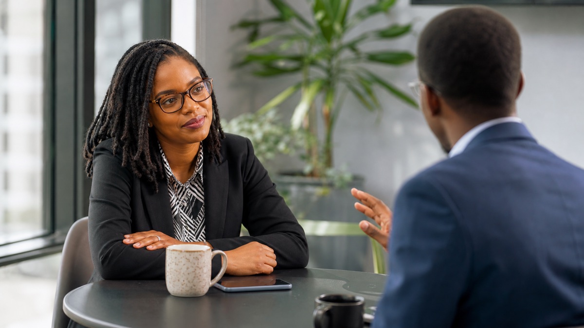 Two colleagues in a genuine one-on-one conversation, representing the Interpersonal & Emotional Skills category